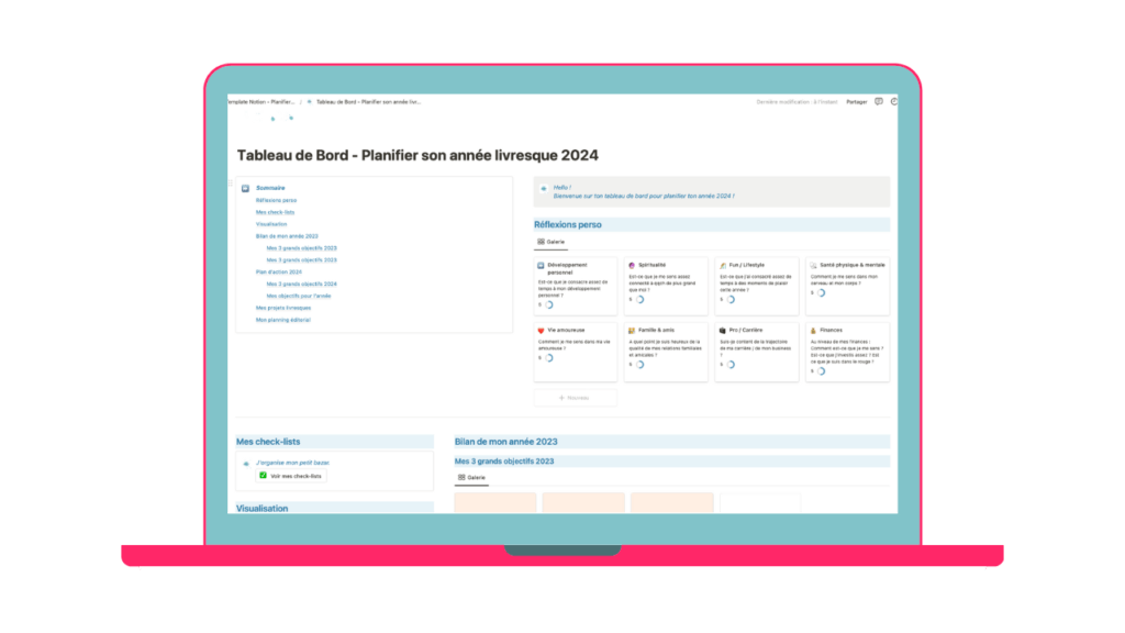 Illustration de l'espace de travail ScriptoHorizon sur Notion spécialement conçu pour les écrivains en auto-édition.. Esquiss'Plume. Planifie ton année livresque.